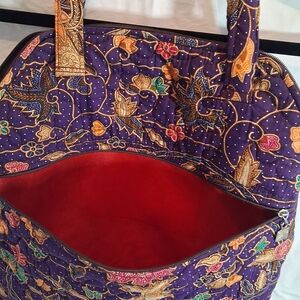 Quilted Purple Floral Tote Bag with Red Interior